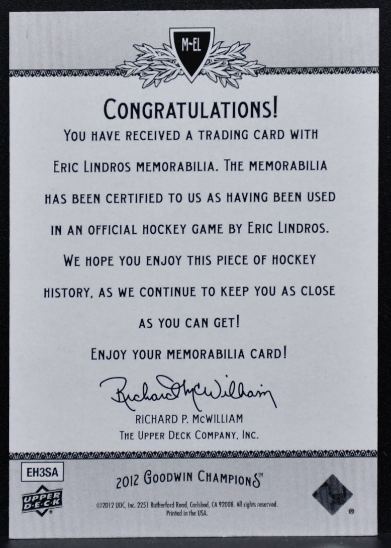 2012-13 Upper Deck Goodwin Champions Memorabilia Eric Lindros M-EL Jersey 3494