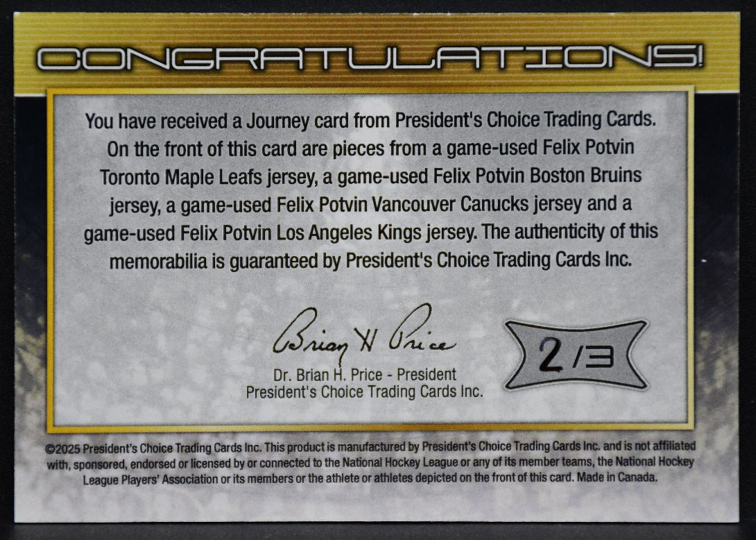 2025-26 President's Choice Journey Felix Potvin 2/3 Patch 6928