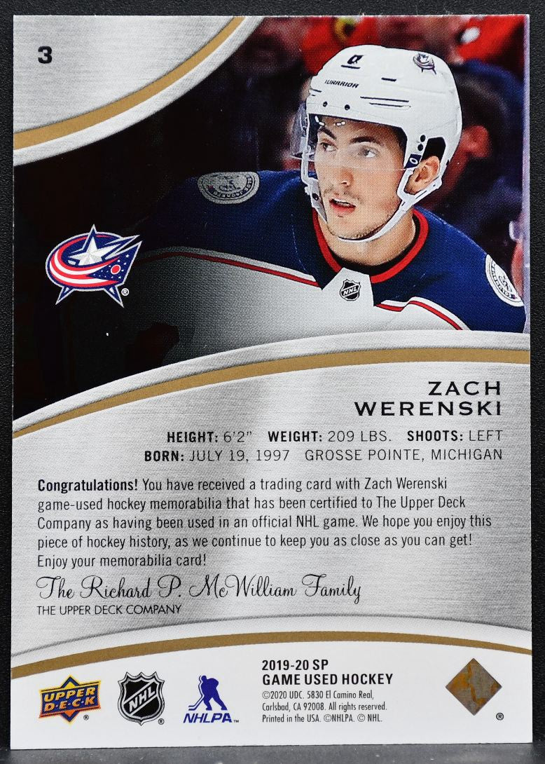 2019-20 SP Game Used Jersey Zach Werenski 3 Columbus Blue Jackets Jersey 6311