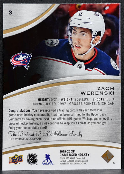 2019-20 SP Game Used Jersey Zach Werenski 3 Columbus Blue Jackets Jersey 6311