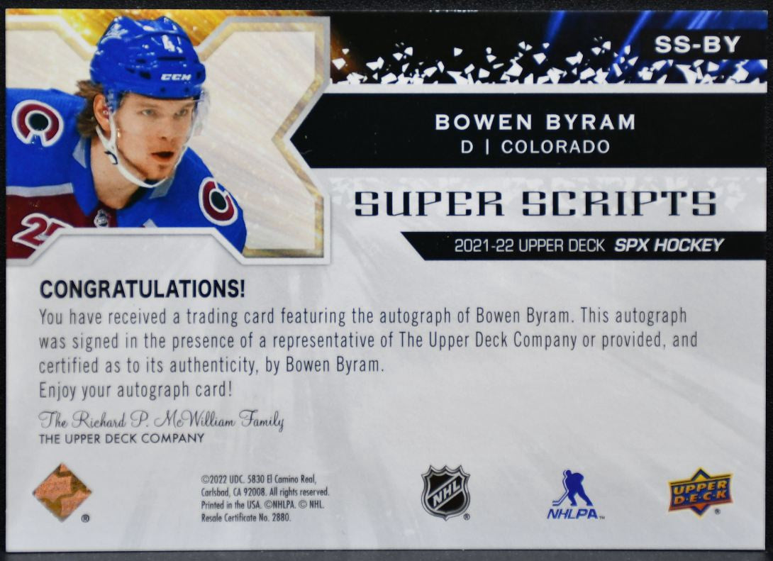 2021-22 SPx Super Scripts Bowen Byram SS-BY Colorado Avalanche Auto 3666