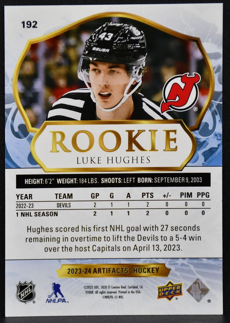 2023-24 UD Artifacts Rookies Ruby Luke Hughes 192 New Jersey Devils RC 118/499 6750