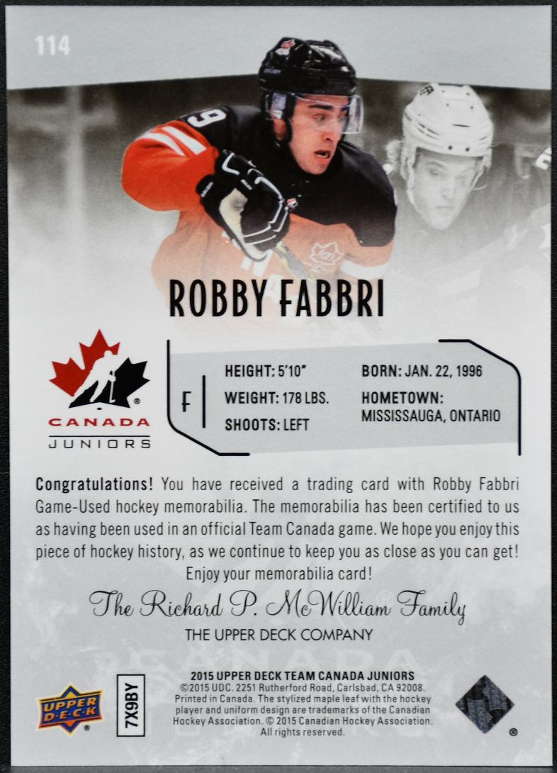 2015-16 UD Team Canada Juniors Base Jerseys Robby Fabbri 114 Jersey 6850