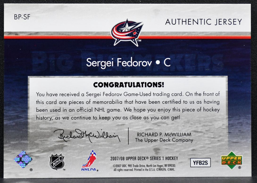 2007-08 UD Series 1 Big Playmakers Sergei Fedorov Blue Jackets 40/50 Jersey 8481
