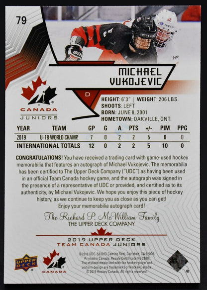 2019-20 UD Team Canada Juniors Auto Patch Vukojevic 79 Auto 143/199 Patch