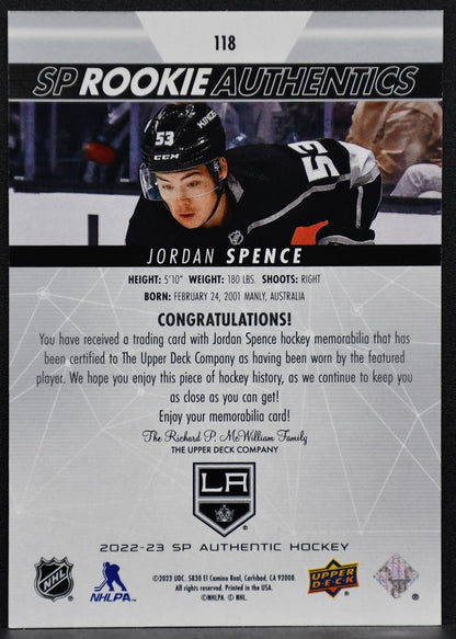 2022-23 SP RC Authentics Jersey Jordan Spence 118 Los Angeles Kings RC Jersey 6126