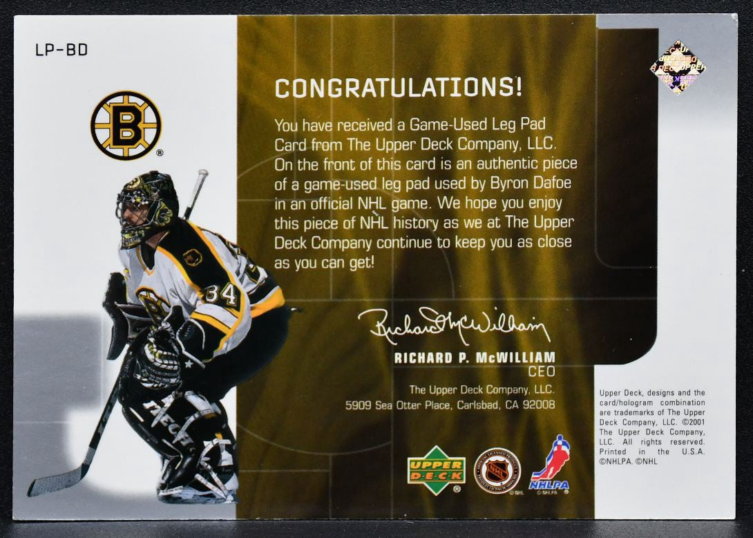 2001-02 Upper Deck Top Shelf Goalie Gear Byron Dafoe LP-BD Goalie Pad 8654
