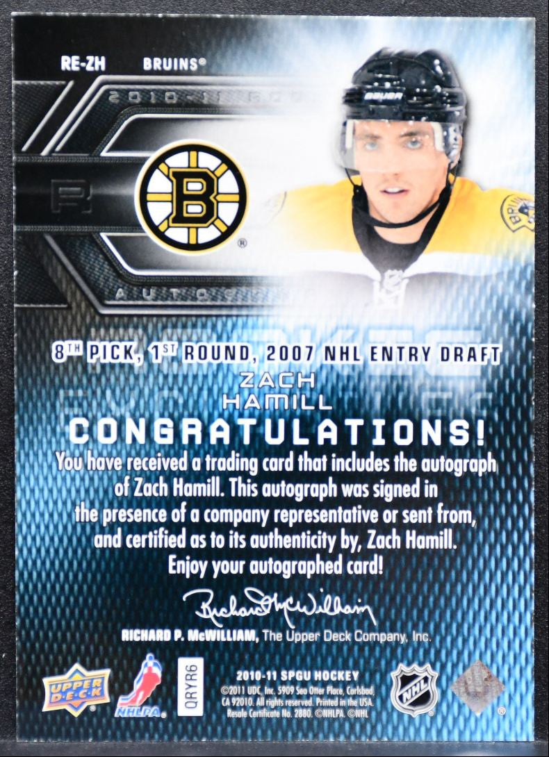 2010-11 SP Game Used Rookie Exclusives Auto Zach Hamill RC Auto 083/100 0109