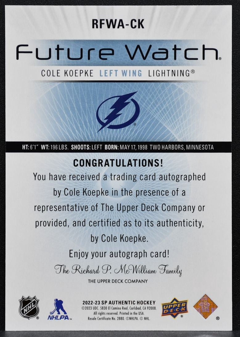 2022-23 SP Authentic Retro Future Watch Auto Cole Koepke Lightning RC Auto 2140