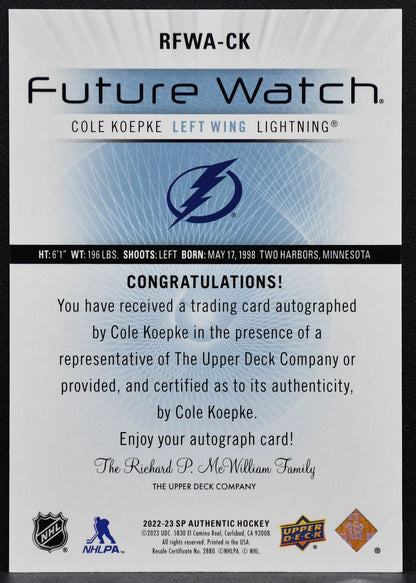 2022-23 SP Authentic Retro Future Watch Auto Cole Koepke Lightning RC Auto 2140