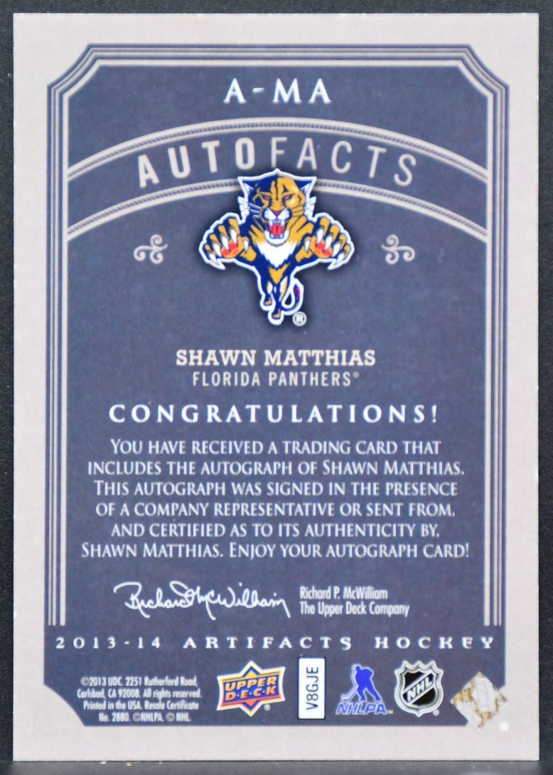 2013-14 Upper Deck Artifacts Autofacts Shawn Matthias A-MA Panthers Auto 8423