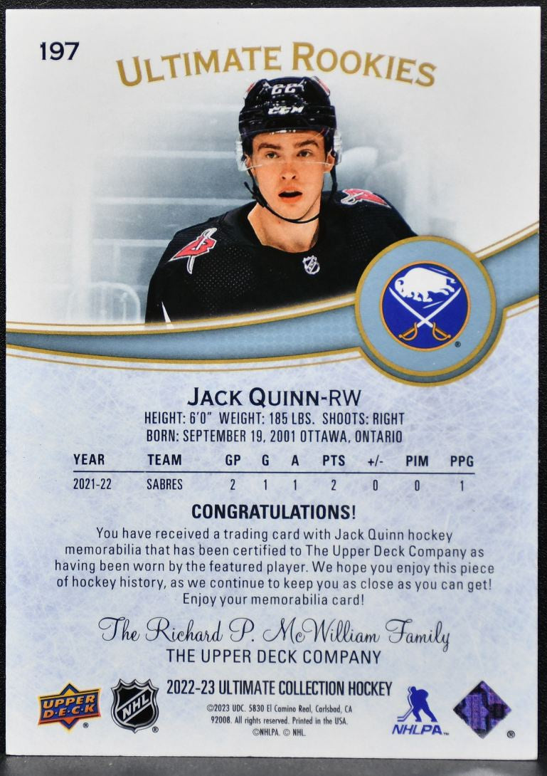 2022-23 UD Ultimate Collection Rookies Jersey Jack Quinn 197 RC /599 Jersey 1663