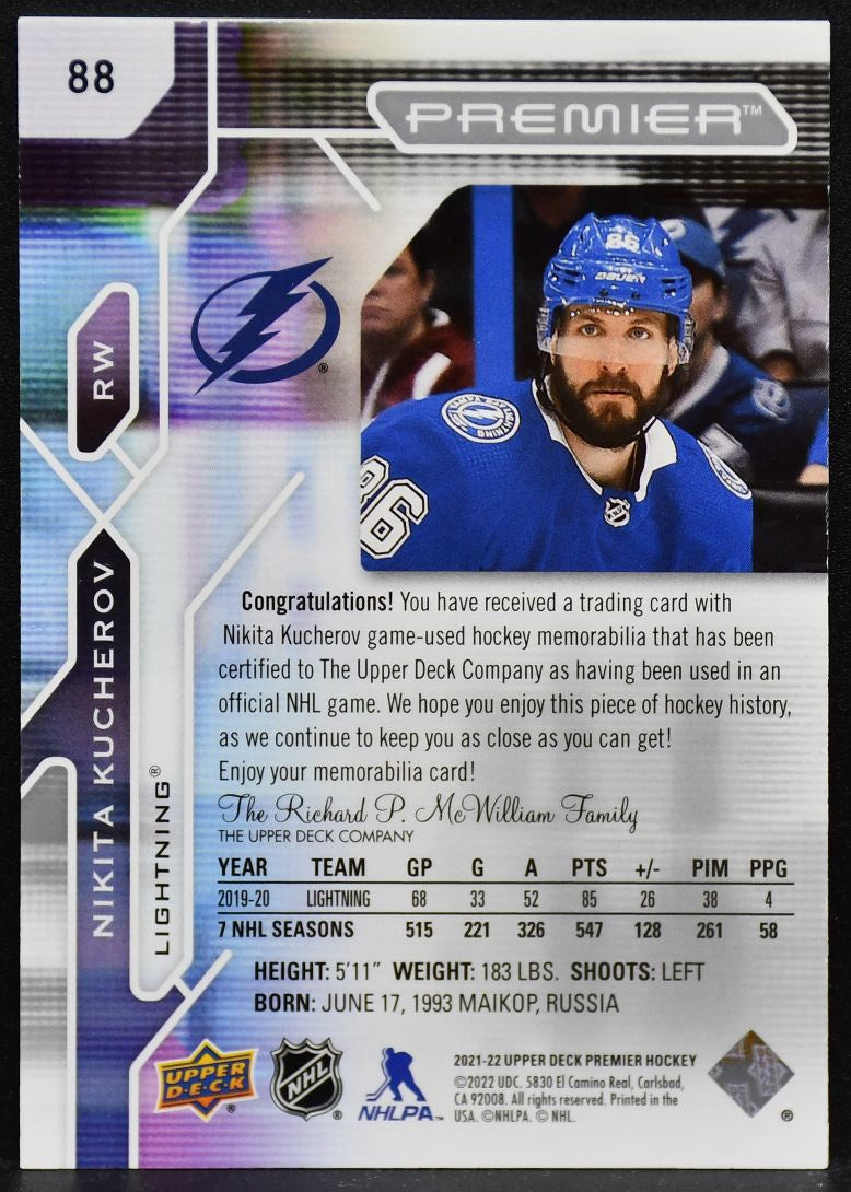2021-22 UD Premier Hockey Jersey Nikita Kucherov 88 Lightning Jersey 3954