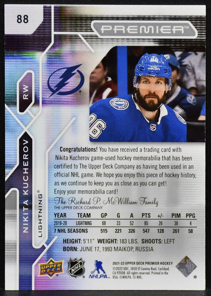 2021-22 UD Premier Hockey Jersey Nikita Kucherov 88 Lightning Jersey 3954