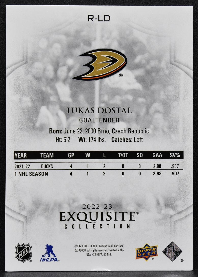 22-23 UD Black Diamond Exquisite Collection RCs Lukas Dostal R-LD Ducks RC /399 8709