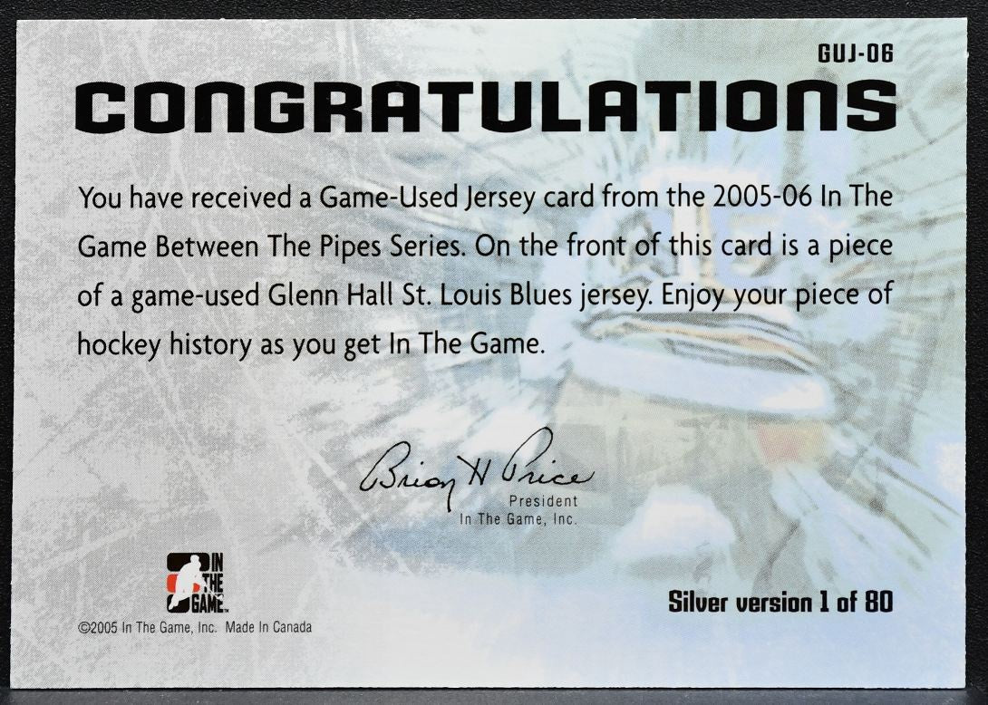 2005-06 ITG Between the Pipes Game-Used Jersey Glenn Hall Blues Jersey 0857