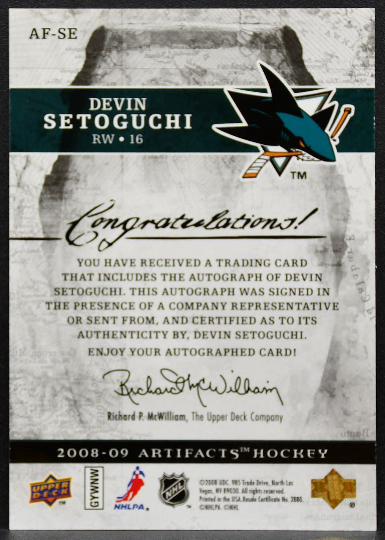 2008-09 Upper Deck Artifacts Auto-Facts Devin Setoguchi AF-SE Sharks Auto 2397