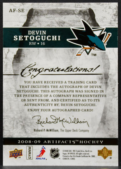 2008-09 Upper Deck Artifacts Auto-Facts Devin Setoguchi AF-SE Sharks Auto 2397
