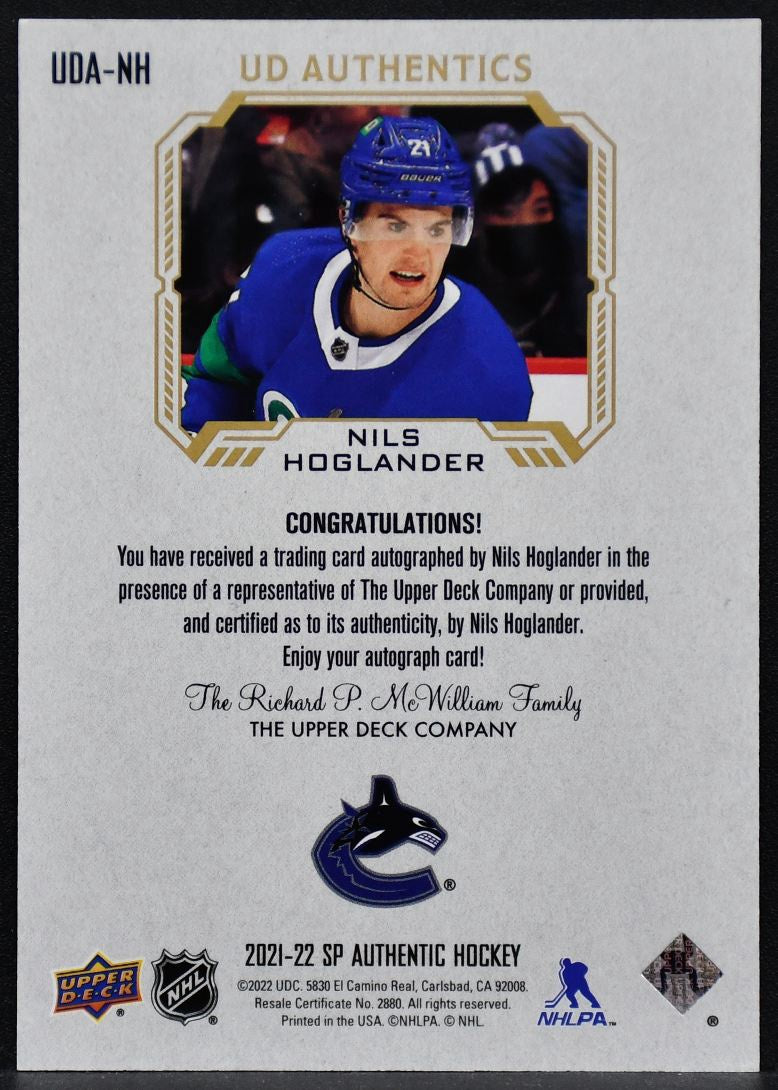 2021-22 SP Authentic UD Authentics Auto Nils Hoglander UDA-NH Auto