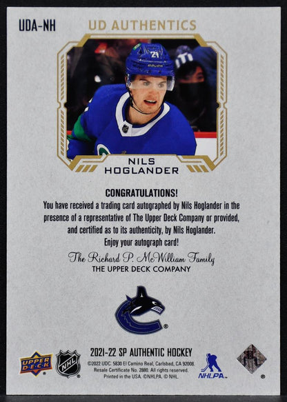 2021-22 SP Authentic UD Authentics Auto Nils Hoglander UDA-NH Auto