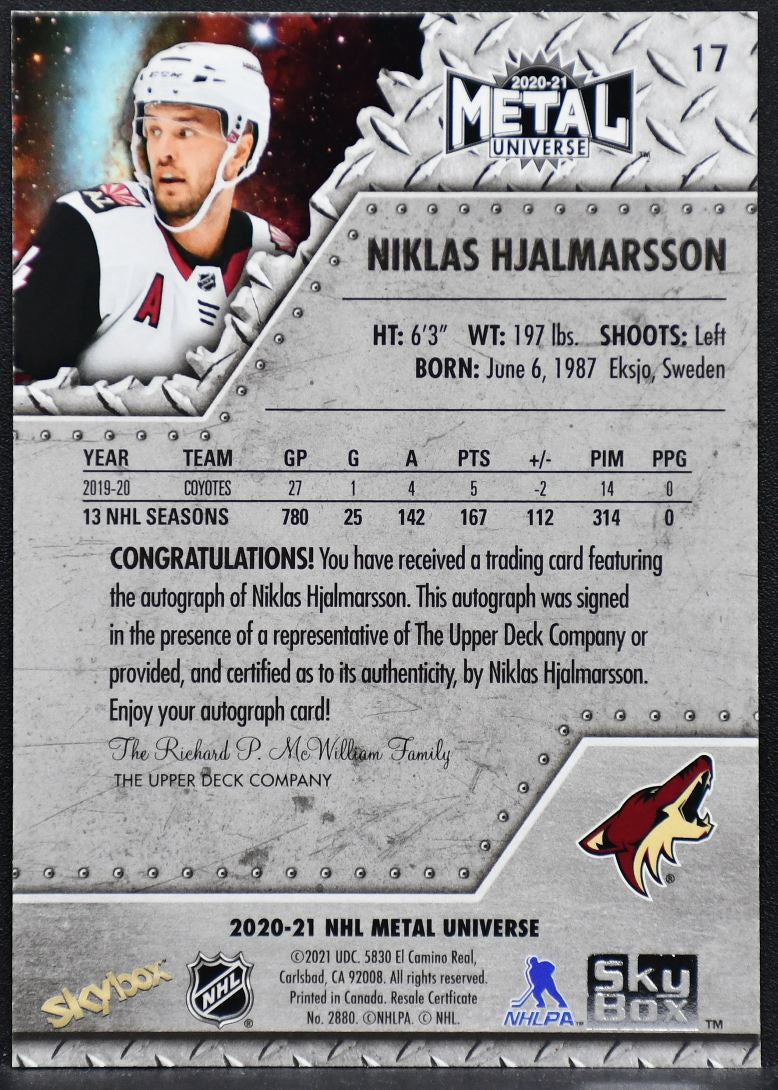 2020-21 Skybox Metal Universe Autographs Silver Niklas Hjalmarsson 17 Auto