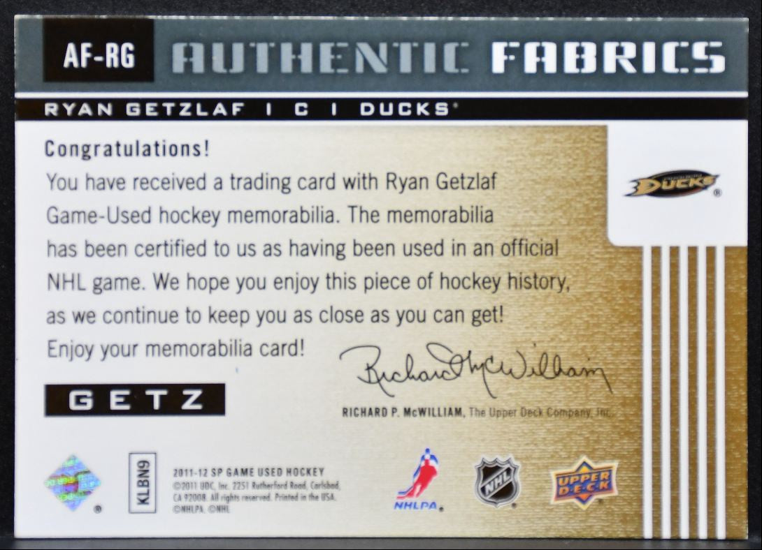 2011-12 SP Game Used Authentic Fabrics Ryan Getzlaf Anaheim Ducks Jersey 8918