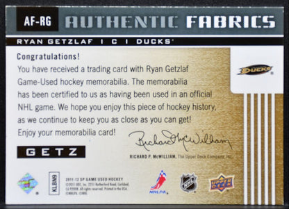 2011-12 SP Game Used Authentic Fabrics Ryan Getzlaf Anaheim Ducks Jersey 8918