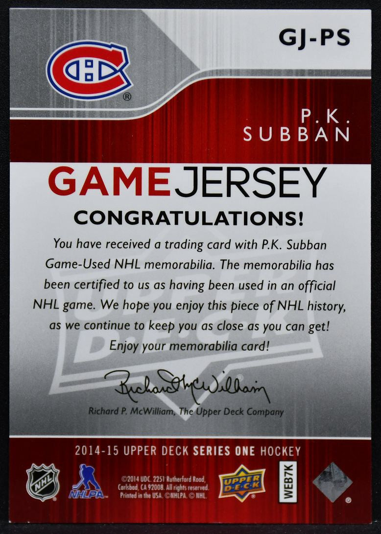 2014-15 UD Series 1 Game Jersey P.K. Subban GJ-PS Montreal Canadiens Jersey 3637