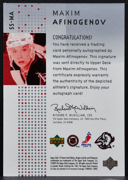 2003-04 SP Game Used Signature Style Maxim Afinogenov 11 Sabres Auto 8085