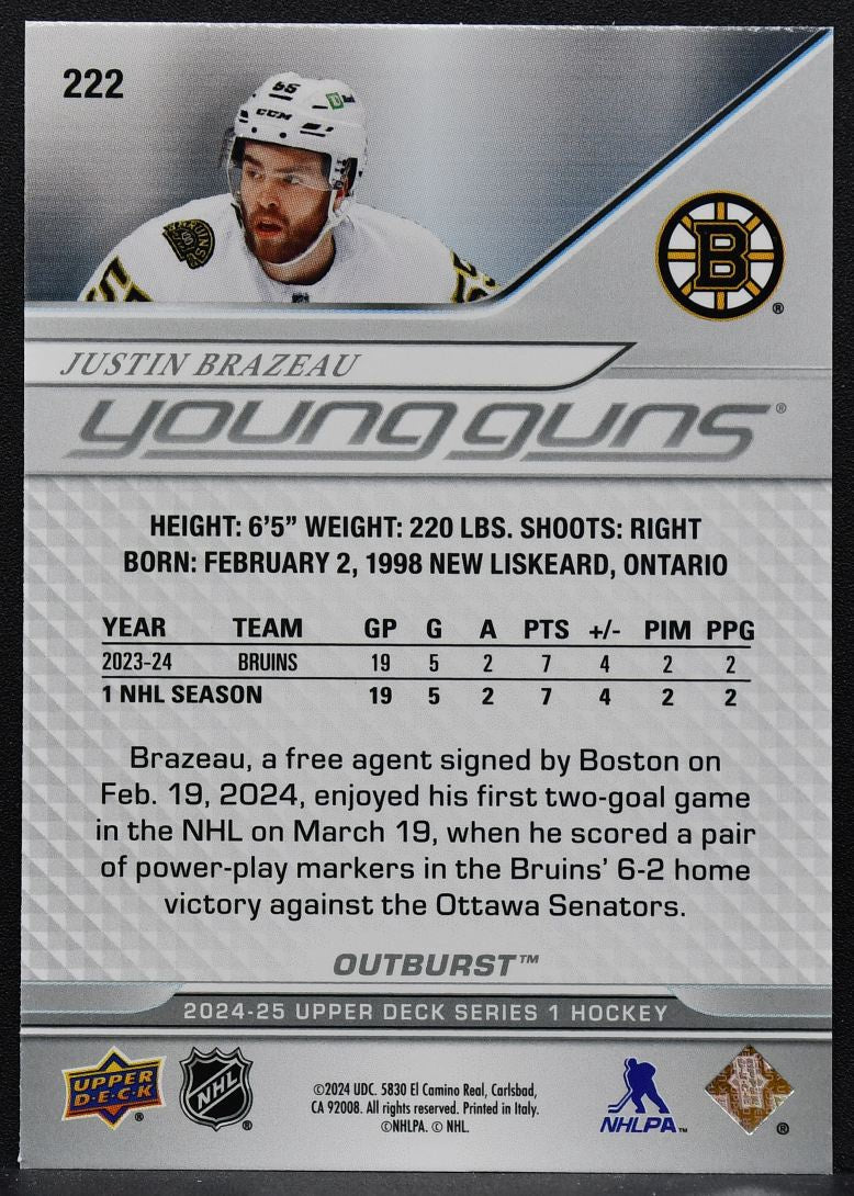 2024-25 UD Series 1 Young Guns Outburst Justin Brazeau 222 Boston Bruins RC 8311
