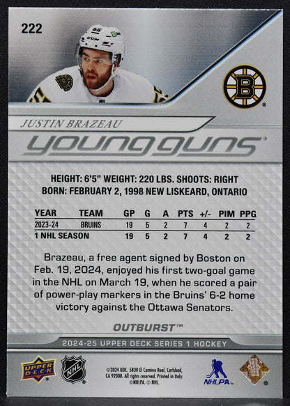 2024-25 UD Series 1 Young Guns Outburst Justin Brazeau 222 Boston Bruins RC 8311