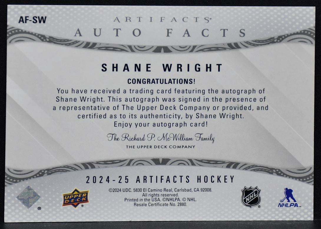 2024-25 UD Artifacts Auto Facts Shane Wright AF-SW Seattle Kraken Auto