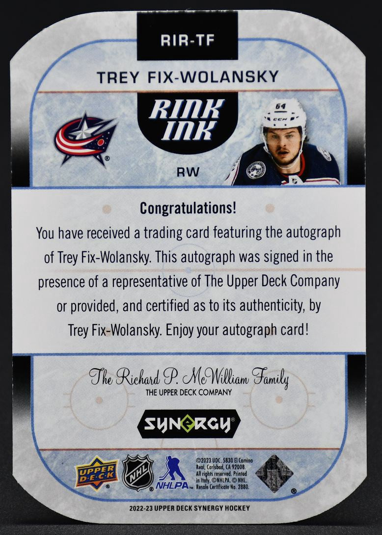 2022-23 UD Synergy Rink Ink Rookies Rink Trey Fix-Wolansky RIR-TF RC Auto