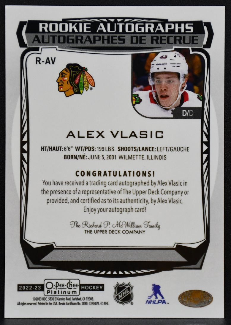 2022-23 OPC Platinum RC Orange Checkers Alex Vlasic R-AV Blackhawks RC Auto 8287