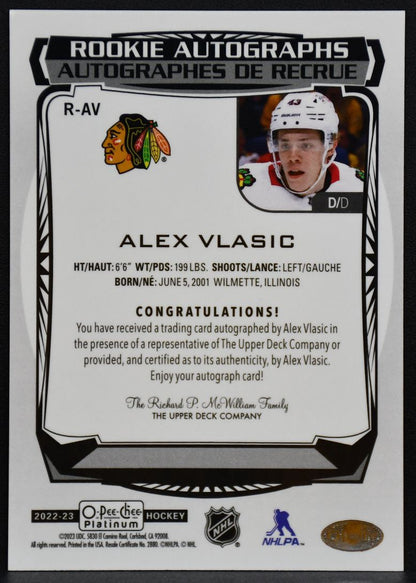 2022-23 OPC Platinum RC Orange Checkers Alex Vlasic R-AV Blackhawks RC Auto 8287