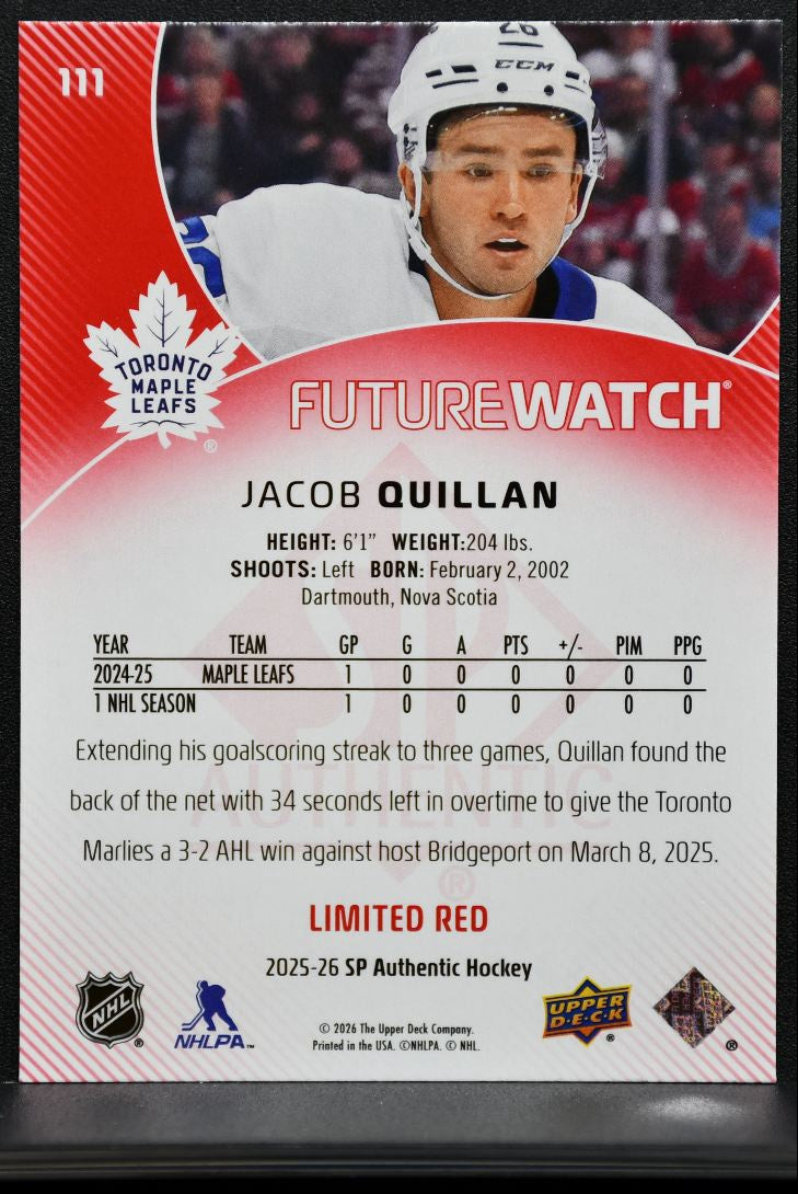 2025-26 SP Authentic Future Watch Limited Red Jacob Quillan Maple Leafs RC 4045