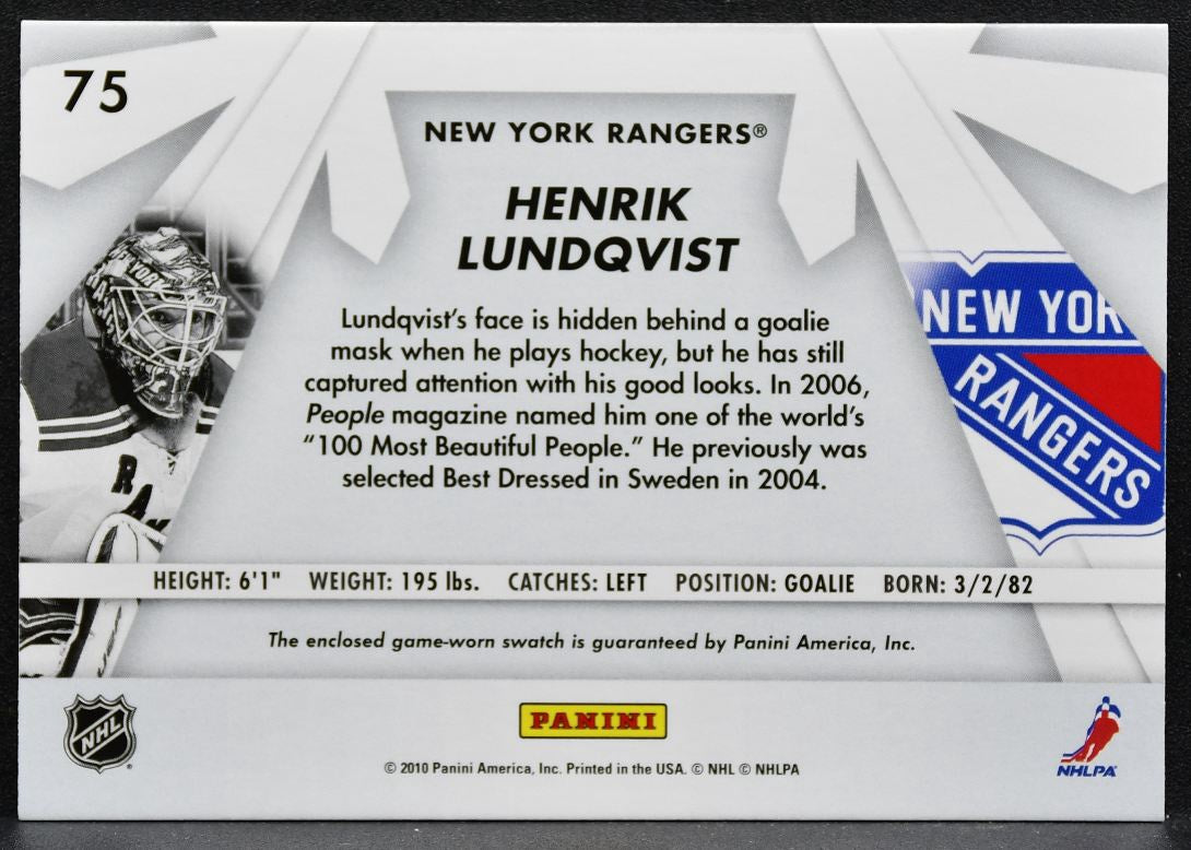 2010-11 Donruss Boys of Winter Henrik Lundqvist 75 New York Rangers Jersey 2419