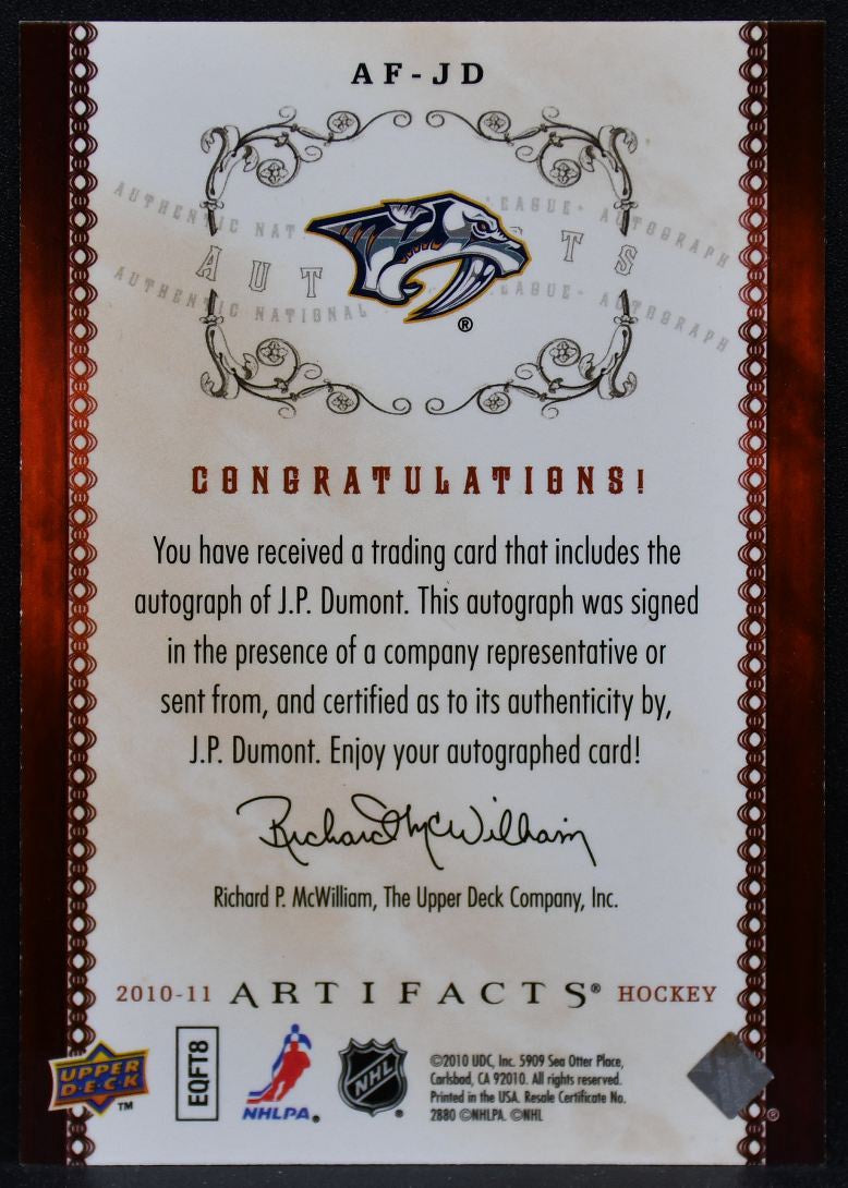 2010-11 Upper Deck Artifacts Auto-Facts J.P. Dumont AF-JD Predators Auto 5781