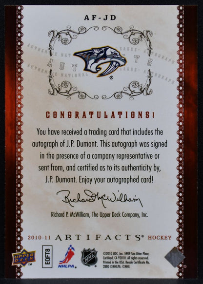 2010-11 Upper Deck Artifacts Auto-Facts J.P. Dumont AF-JD Predators Auto 5781