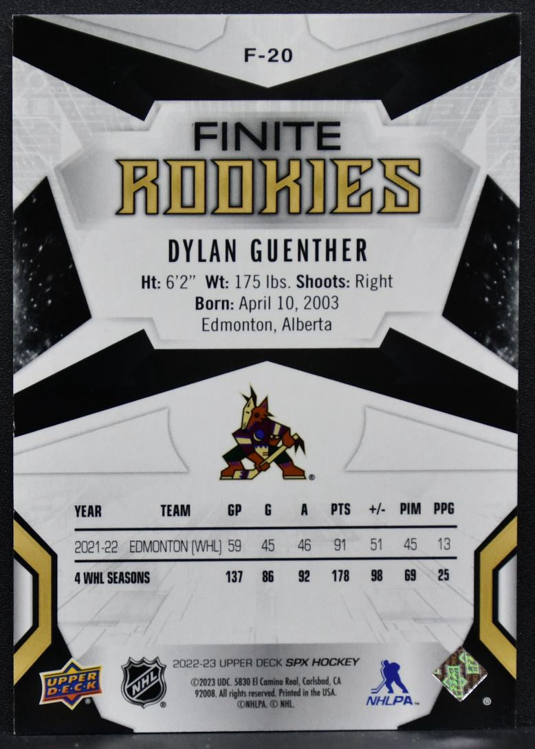 2022-23 SPx Finite Rookies Dylan Guenther F-20 Arizona Coyotes RC 471/499 8540