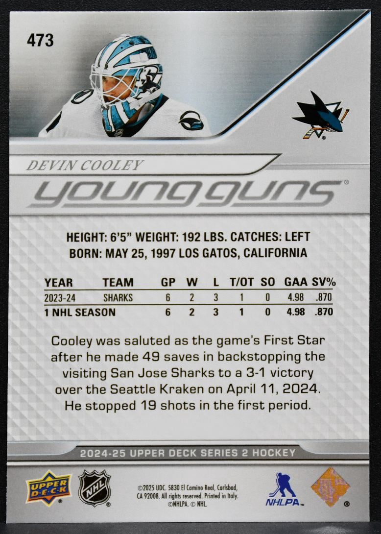 2024-25 Upper Deck Young Guns Devin Cooley 473 San Jose Sharks RC 5213