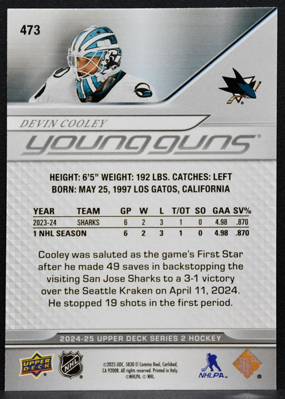 2024-25 Upper Deck Young Guns Devin Cooley 473 San Jose Sharks RC 5213