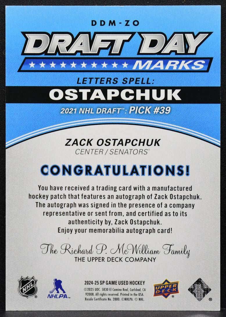 2024-25 SP Game Used Draft Day Marks Zack Ostapchuk RC Auto 28/35 Patch 6070