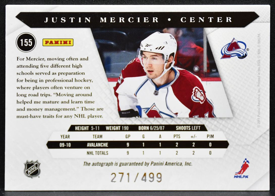 2010-11 Panini Luxury Suite RC Justin Mercier 155 Avalanche RC Auto 271/499 6153