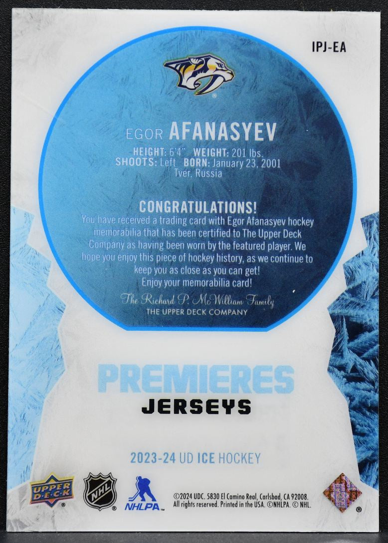 2023-24 UD Ice Premieres Jerseys Egor Afanasyev IPJ-EA Predators RC Jersey 2539