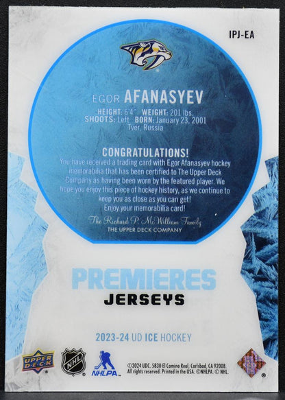 2023-24 UD Ice Premieres Jerseys Egor Afanasyev IPJ-EA Predators RC Jersey 2539