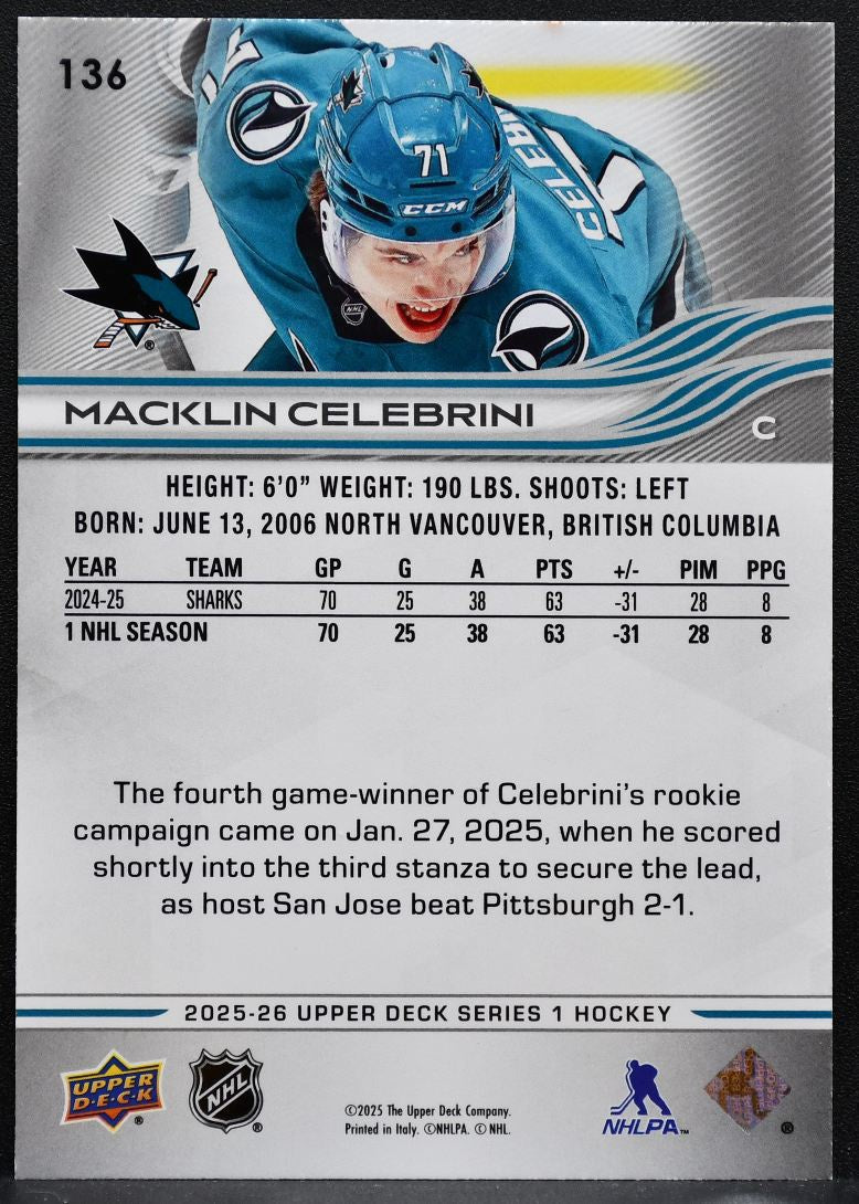 2025-26 Upper Deck Series 1 Macklin Celebrini 136 San Jose Sharks 2041