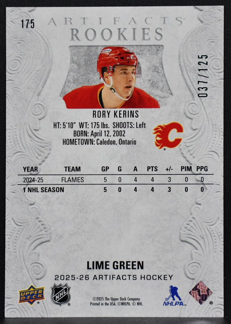 2025-26 UD Artifacts Lime Green Rory Kerins 175 Calgary Flames RC 037/125 4749