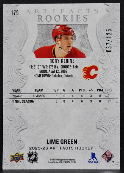 2025-26 UD Artifacts Lime Green Rory Kerins 175 Calgary Flames RC 037/125 4749