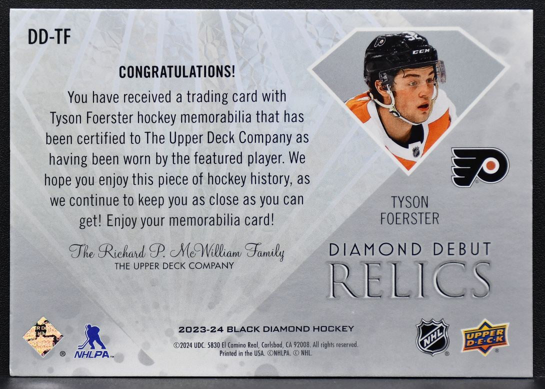 23-24 UD Black Diamond Debut Relics Tyson Foerster DD-TF Flyers RC Jersey 3285